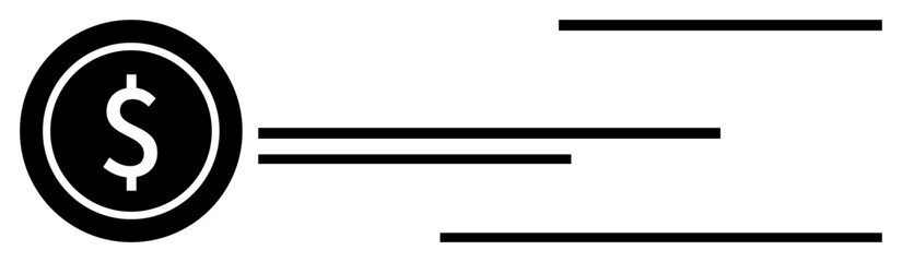 Dollar coin with dynamic speed lines suggesting movement, depicting financial efficiency and quick transactions. Ideal for finance, banking, payments, speed, e-commerce, innovation, flat simple