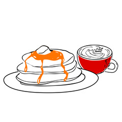 vector line work illustrates a breakfast meal, pancakes with maple syrup, and a latte in a red cup. 
vector breakfast  pancakes and coffee