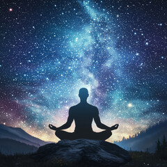 serene silhouette of meditating figure sits on rock, surrounded by breathtaking starry sky filled with vibrant colors and cosmic beauty