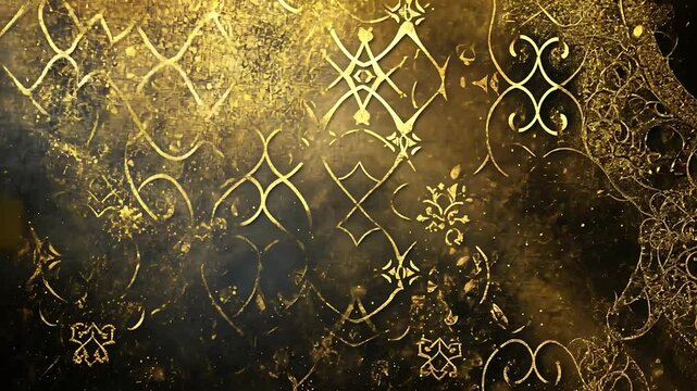 Ornate gold design pattern on dark background with glittering particles