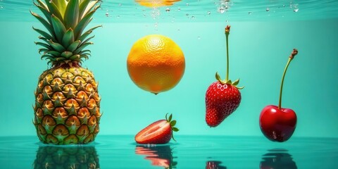 Vibrant Fruits Submerged in Aqua A Refreshing Still Life of Pineapple, Orange, Strawberry, and Cherry