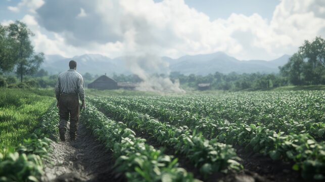 Man walks through a vibrant field toward a distant farm
