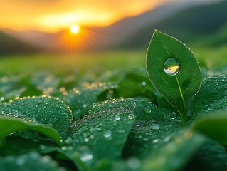 Sunrise dewdrop on a leaf.