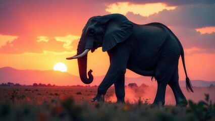 Fototapeta premium Majestic Elephant Silhouette at Sunset in the African Savanna