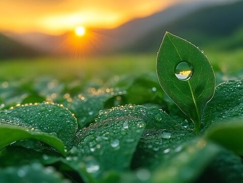 Sunrise dewdrop on a leaf.