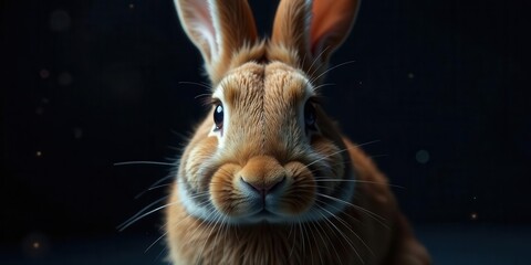 A Close-Up Portrait of an Adorable Orange Rabbit with Long Whiskers Against a Dark Background
