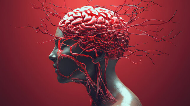 Bleeding stroke brain artery, a conceptual representation of a head with flowing brain imagery, symbolizing creativity and thought. Thought Swell. Illustration