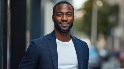 Fototapeta premium Male startup founder in a blazer over a plain tee and chinos.