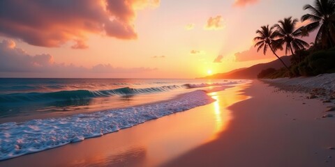 Serene Coastal Sunset Golden Hues Paint the Ocean and Sandy Shore, Palm Trees Silhouetted Against Vibrant Sky
