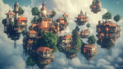 Obraz premium Whimsical Floating Islands: A Dreamscape of Architectural Fantasy and Ethereal Beauty