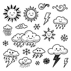 Naklejka premium The best collection of weather themed doodle elements on white background.