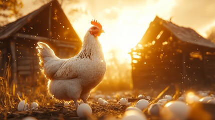 A hen proudly stands amidst freshly laid eggs in sunlight