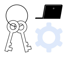 Two interlinked keys, a laptop, and a gear icon symbolizing security, technology, and system efficiency. Ideal for IT, cybersecurity, innovation processes access control tech management. Flat