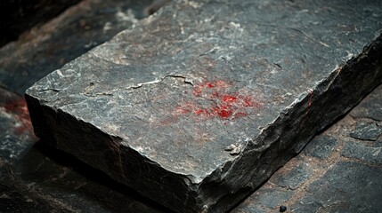 Dark Stone Surface with Red Stains in Dimly Lit Environment