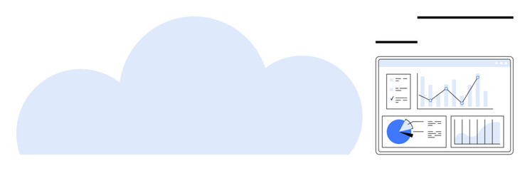 Blue cloud icon alongside a digital dashboard displaying graphs, charts, and analytics tools. Ideal for technology, data storage, cloud computing, analytics, business solutions, data management