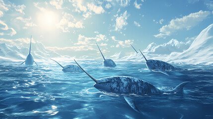 Narwhal group swimming in icy arctic waters under bright sky. Moonborn Drift. Illustration