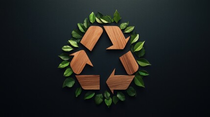 Eco-Friendly Wooden Recycling Emblem Surrounded by Green Leaves for Sustainable Practices