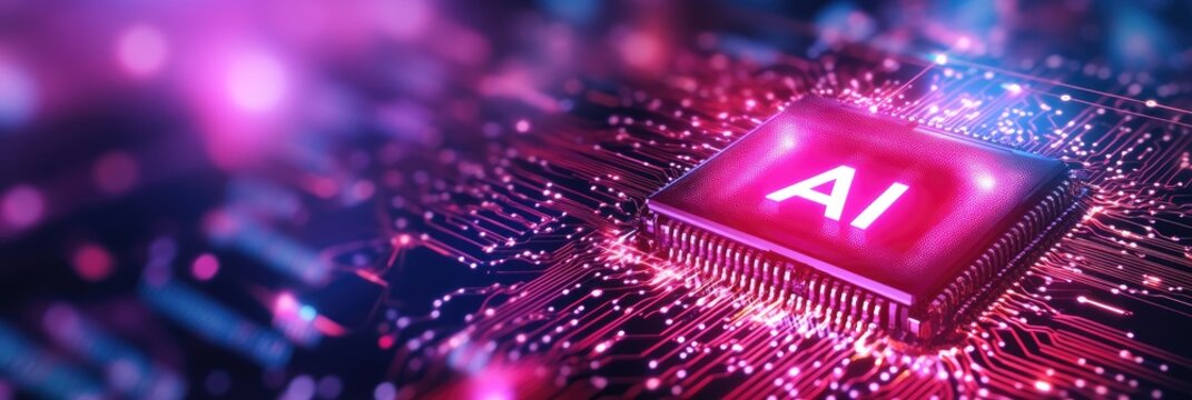 Pink Ai Computer Chip on Motherboard Circuit Macro Shot on Dark Background