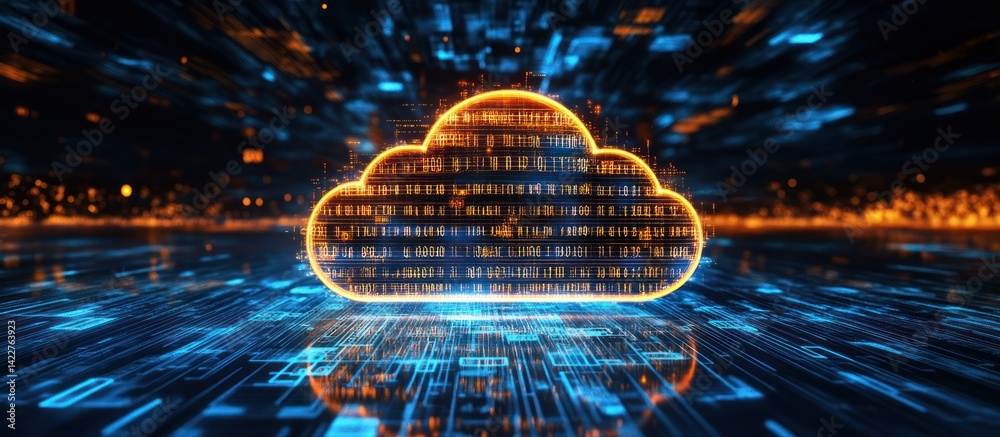 Poster digital cloud computing: high-tech data storage and network connectivity concept