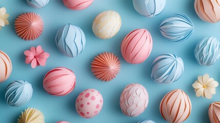 Obraz premium Colorful Decorative Eggs Arrangement on Blue Background