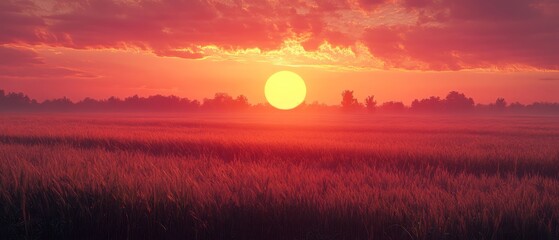 Golden sun glows above wheat field under orange sky