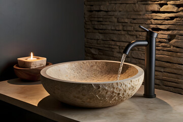 a round vessel sink carved from natural stone, with unique earthy textures and color variations