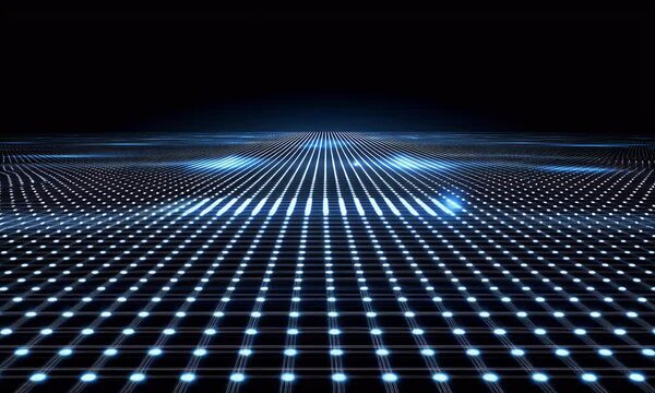A digital grid of blue binary code extending into the distance, representing data flow and storage in an abstract style. The background is dark with light lines leading to infinity.
