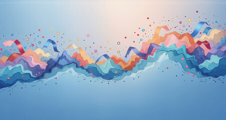 Fototapeta premium Here's the description and keywords: The image features abstract, colorful ribbons and confetti against a gradient blue background, creating a festive and celebratory vibe. Watercolors, light, and fl