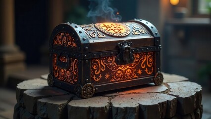 An ornate, antique wooden chest with glowing symbols, resting on a rustic stone surface, emitting a faint, mystical smoke.