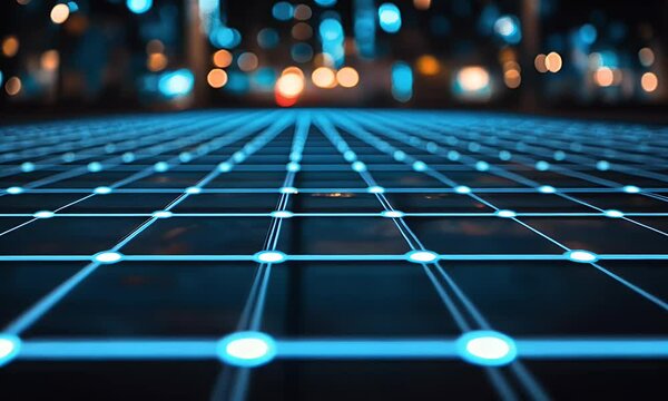 A digital grid of blue binary code extending into the distance, representing data flow and storage in an abstract style. The background is dark with light lines leading to infinity.