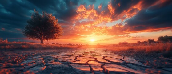 Crackled earth path leads to a breathtaking sunset horizon