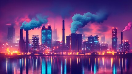 Fototapeta premium Vibrant Industrial Skyline at Night Overlooking Calm Water