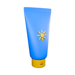 3D cartoon of a blue sunscreen bottle with a yellow cap.
