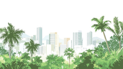 Fototapeta premium The work depicts a tropical city skyline in a stylized, almost painterly manner, viewed from a lush foreground.