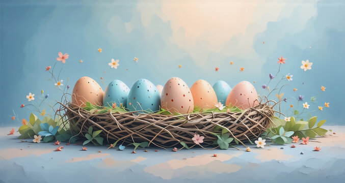 Here's a description and keywords for the image, incorporating the hints:A charming pastel illustration of a nest, filled with eggs. The scene is adorned with delicate flowers, all set against a sof