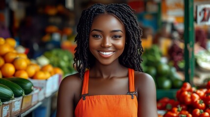 Smiling young woman wearing apron at the fruit stand