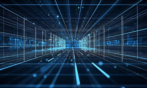 A digital grid of blue binary code extending into the distance, representing data flow and storage in an abstract style. The background is dark with light lines leading to infinity.