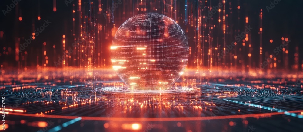 Poster abstract glowing sphere on digital circuit background with falling particle trails