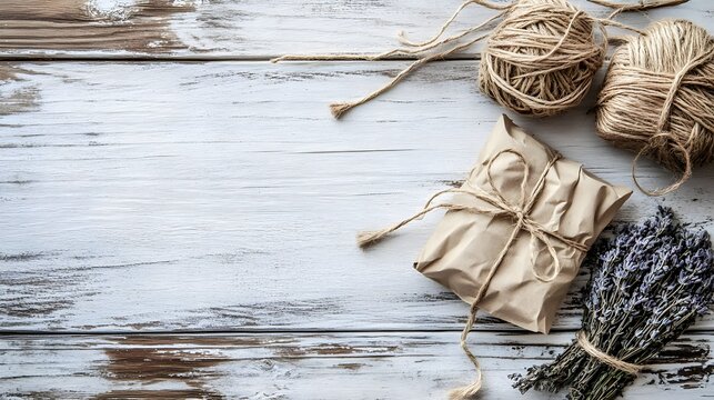 Vintage Inspired Flat Lay of Wrapped Paper Pouches and Twine