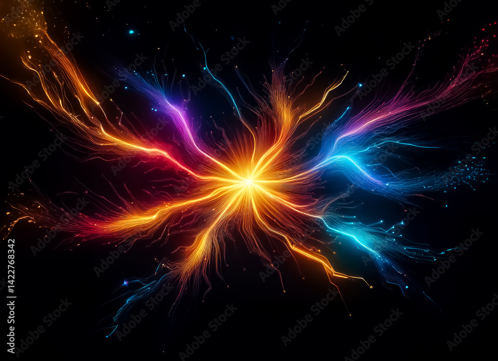 Poster A burst of radiant energy explodes from a central core. Hints of vibrant colors create a spectacular cosmic display with flowing lines and dynamic movement. Witness the universe's raw power.