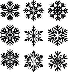Set of 9 snowflakes icon silhouette on white background. Silhouette flat snow icons. Black element for Christmas banner, cards. New year ornament. Vector illustration.