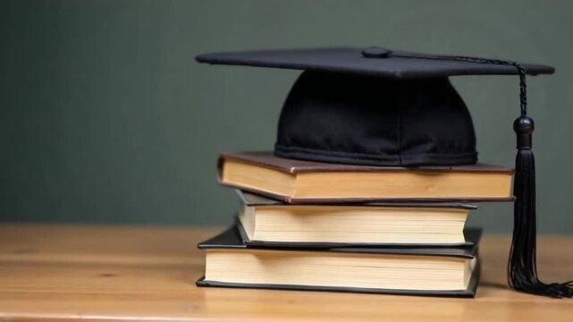 A stack of books topped with a black graduation cap, featuring a chain dangling from the cap&rsquo;s center