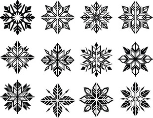 12 Snow Icons collection set. Snowflakes Vector Icons. Winter Icons set featuring decorative frost symbols for seasonal design Projects, Holiday Crafts, Events, Artwork