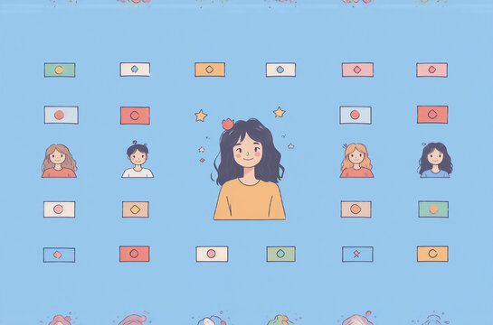 A cheerful avatar surrounded by smaller profile icons and colorful shapes on a light-blue background.  A sense of community and connection is conveyed through the image's design.