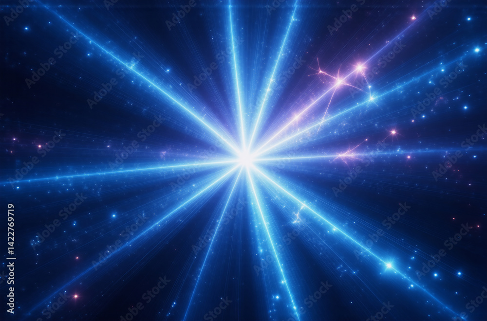 Poster a vibrant cosmic explosion, radiating bright blue and pink energy beams from a central point, surrou