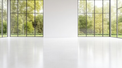 Fototapeta premium Spacious, modern interior with large windows showcasing a verdant landscape