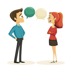 Cartoon Couple Conversing With Thought Bubbles And Simple Design