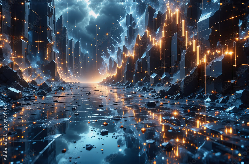 Aufkleber A digital landscape with geometric formations and shimmering lights, suggesting data streams. The path is reflective, with a dramatic celestial display. It hints at futuristic technology.