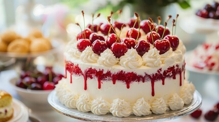 A beautifully decorated cherry cake with layers of cream and fresh cherries on top, displayed on a dessert table.