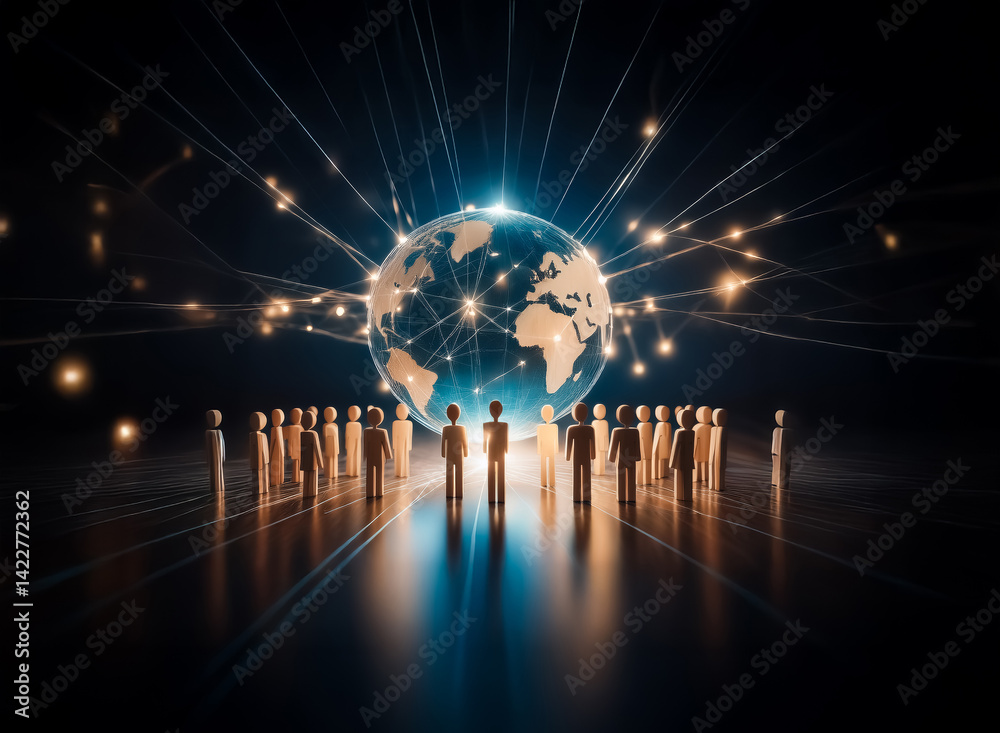 Poster image shows a global connection, a network of people. beams of light connect humanity. the central g